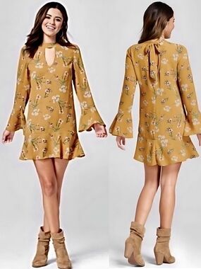 Xhilaration Mustard & Pink Floral Ruffle Shift Mini Dress Sz XXL 1X